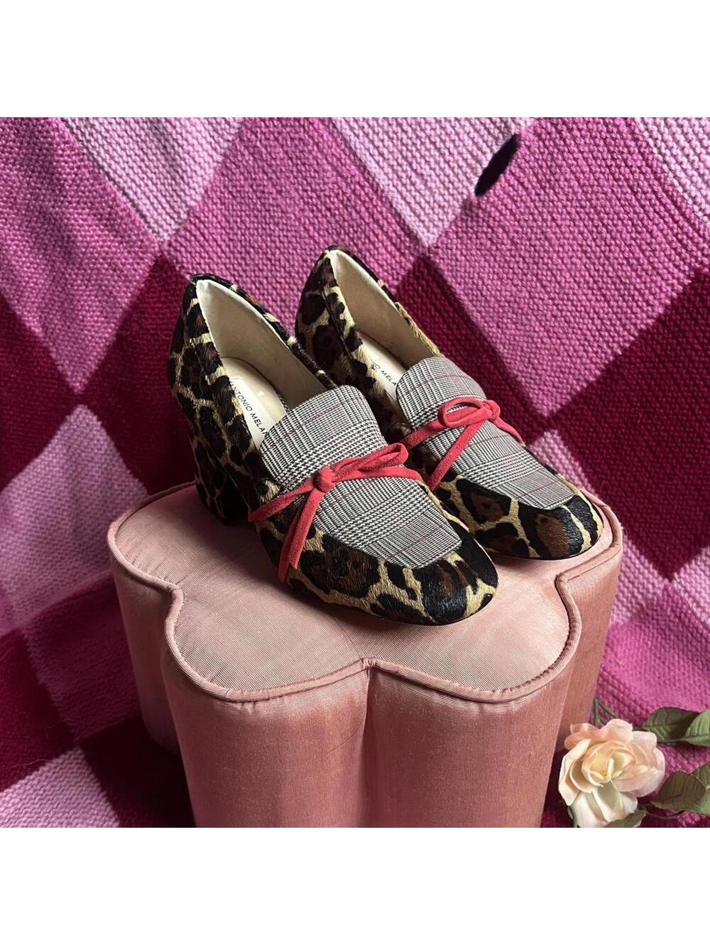 plaid leopard print red bow heels
